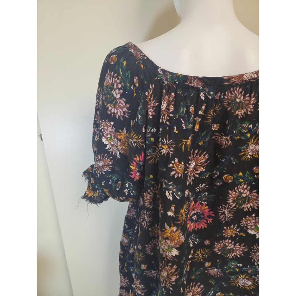 Natural Life Floral Cotton Mini Dress Black Boho Tie Front Fringe L/XL - Picture 8 of 10